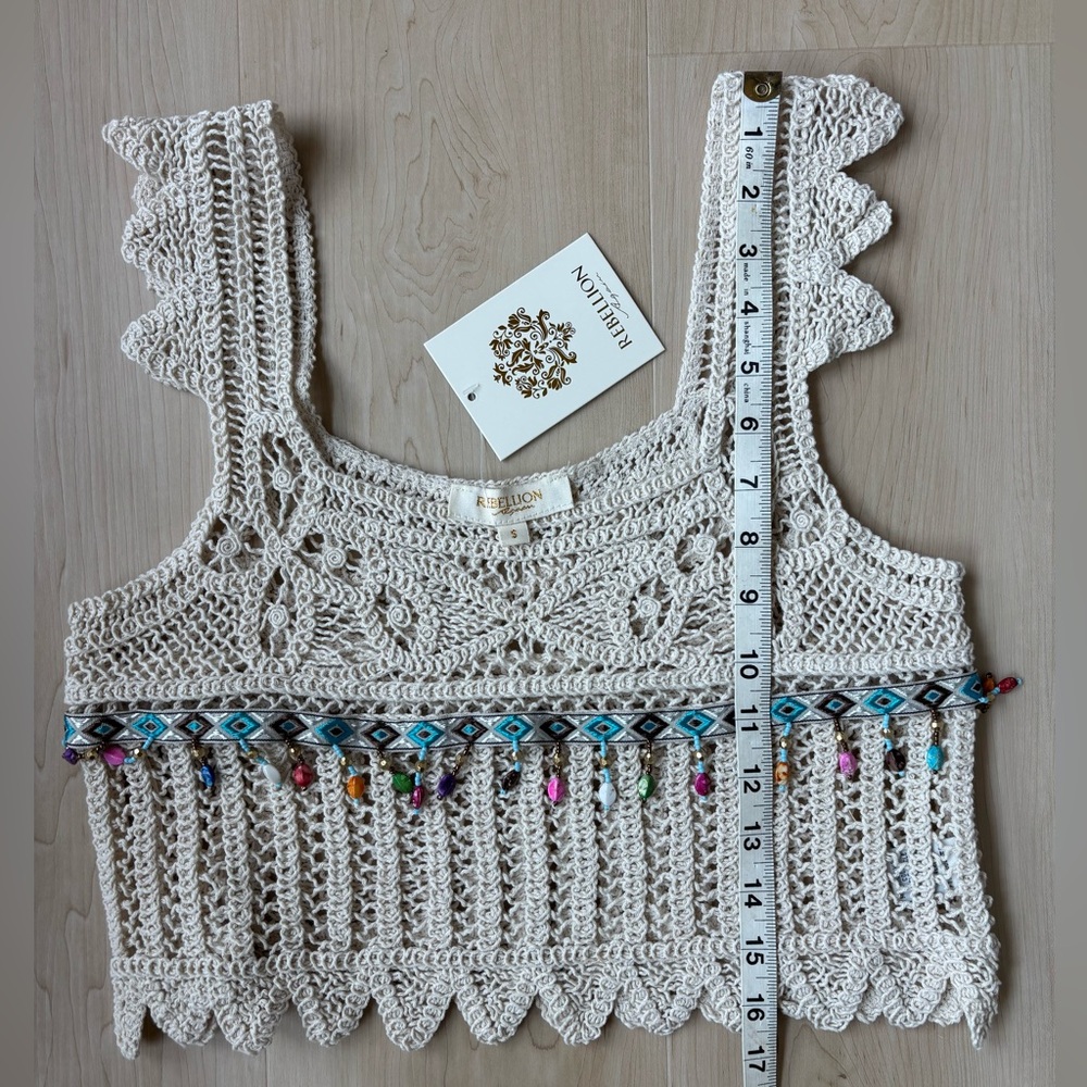 Crochet Ivory Beaded Boho Cropped Knit Tank Top - Picture 11 of 12